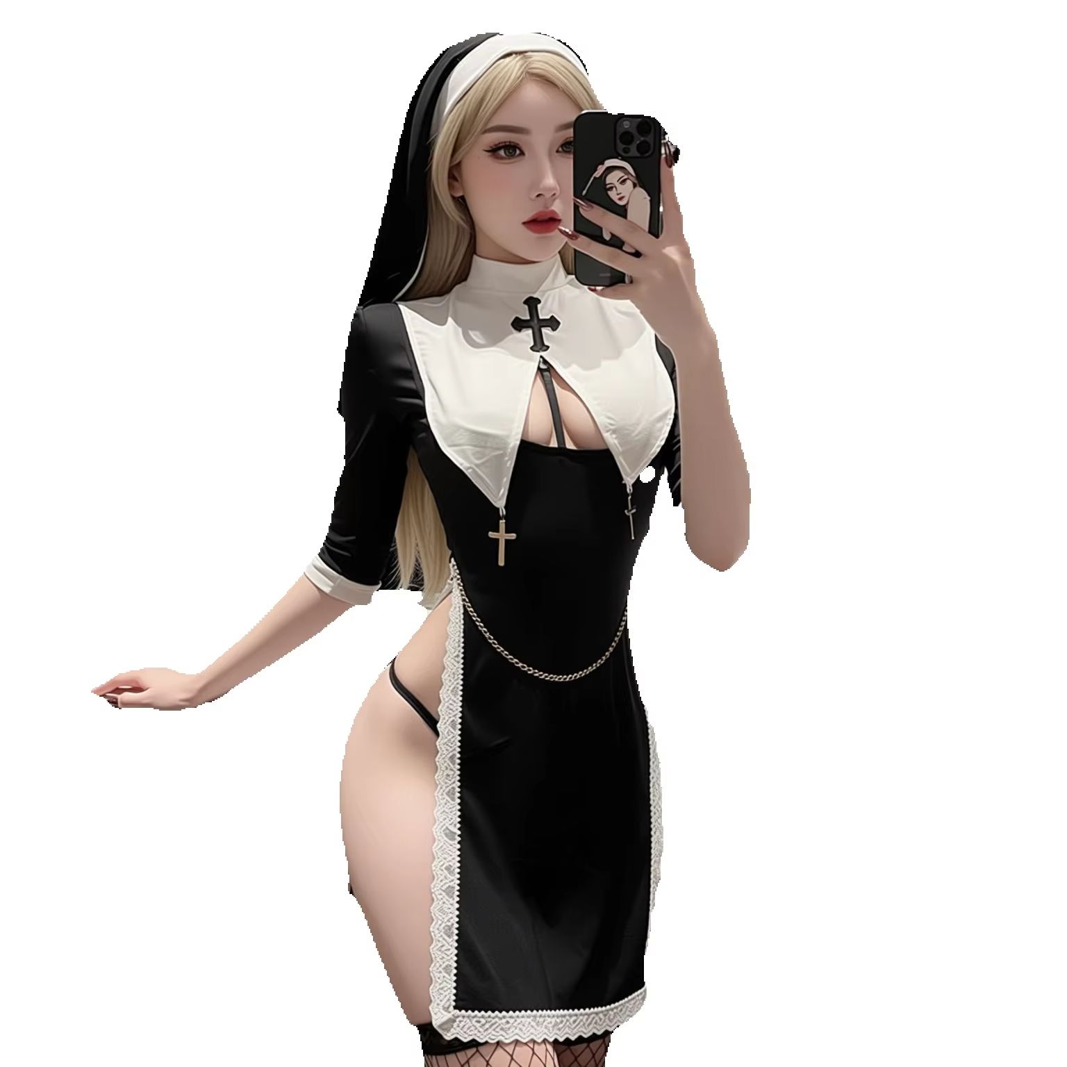 Garter Belt Set - تصميم جديد: زي راهبة مثير للنساء